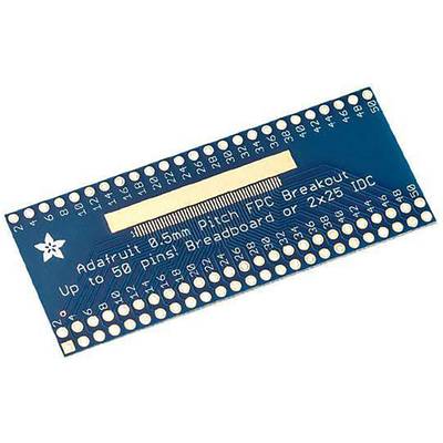 Eine blaue Leiterplatte mit der Aufschrift 'Adafruit 0.5mm Pitch FPC Breakout'. Sie zeigt 50 Anschlusssteckplätze.