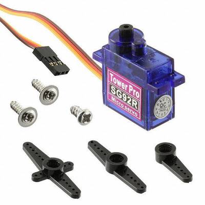 'Blaues SG92R Micro-Servo-Motor-Set mit Befestigungsschrauben und Zubehörteilen, darunter drei schwarze Kunststoffarme.'