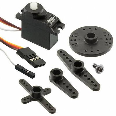 Ein schwarzes Servo-Motor-Kit mit mehreren Armaufsätzen und Schrauben für robotische oder mechanische Anwendungen.