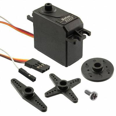 Ein schwarzes Servo-Motor mit Kabeln, mehreren Kunststoffgetrieben in verschiedenen Formen und einer kleinen Schraube.