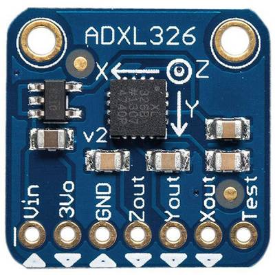 'ADXL326 Sensor' oben auf einer blauen Platine mit mehreren elektronischen Bauteilen und beschrifteten Anschlüssen für Vin, 3V0, GND, Zout, Yout, Xout, Test.