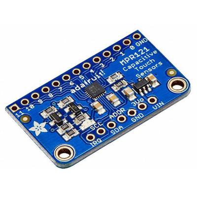 Kapazitiver Touchsensor MPR121 auf blauer Platine mit mehreren Anschlüssen und elektronischen Bauteilen, geeignet für Touch-Steuerungen.