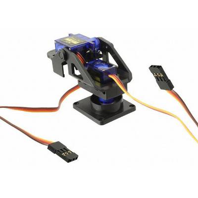 Ein kleiner blauer Servomotor mit Halterung auf einer Plattform. Drei Kabel mit Steckern sind am Servo angeschlossen.