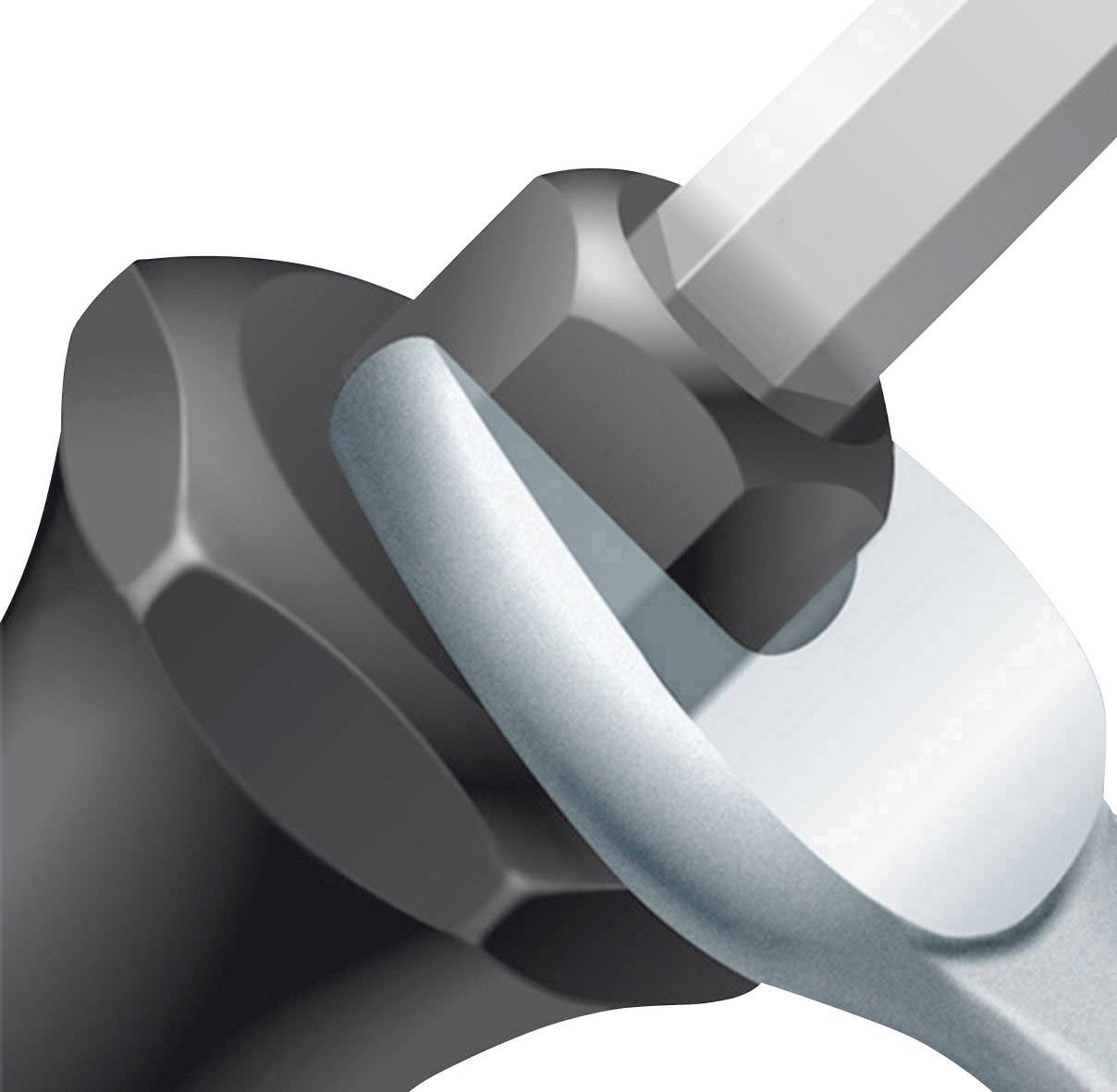 Ein Schraubenschlüssel dreht eine Sechskantschraube.