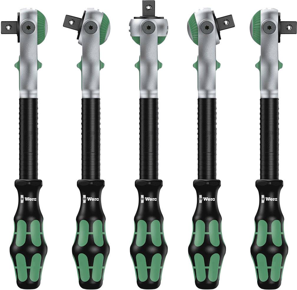 Ein Satz von fünf unterschiedlich ausgerichteten Umschaltknarren mit schwarz-grünen Griffen auf weißem Hintergrund.