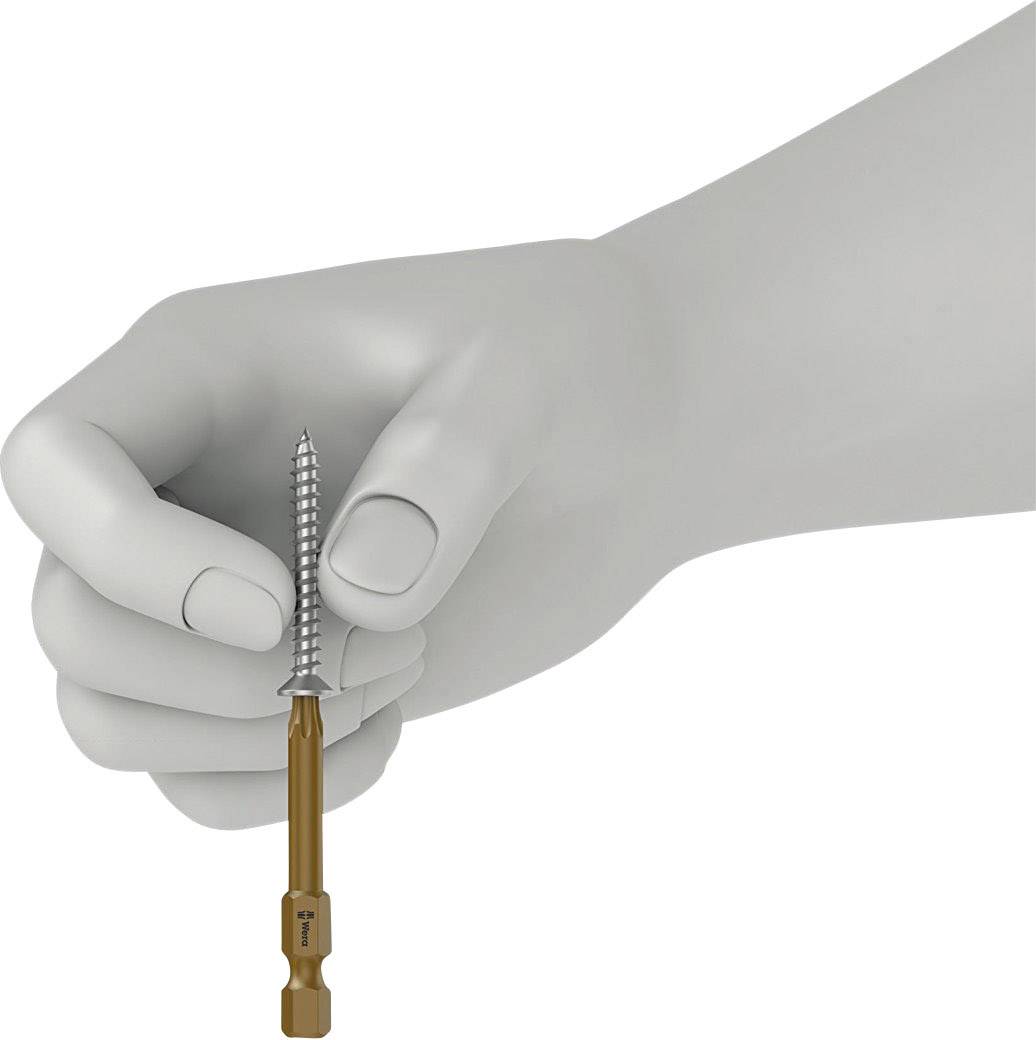 Eine graue Modellhand hält einen Schraubendreher mit braunem Griff und einer angebrachten silbernen Schraube.