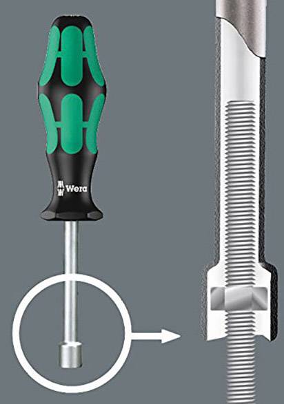 'Abbildung eines Schraubendrehers mit Schraubgewinde. Der Griff ist schwarz mit grünen Einsätzen. Ein Pfeil zeigt auf das Gewinde.'