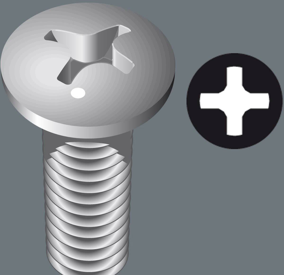 Kreuzschlitzschraube mit passendem Schraubendreher-Symbol auf grauem Hintergrund.