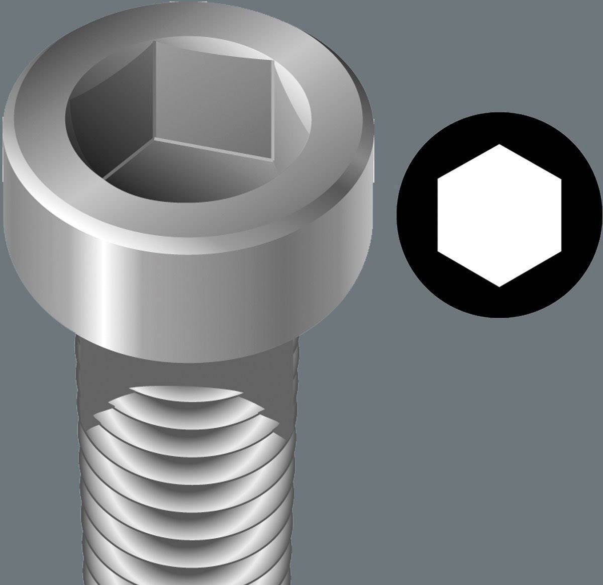 Nahaufnahme einer Inbusschraube mit sechseckigem Kopf und Gewinde. Rechts neben der Schraube ein schwarzes Sechseck-Symbol.