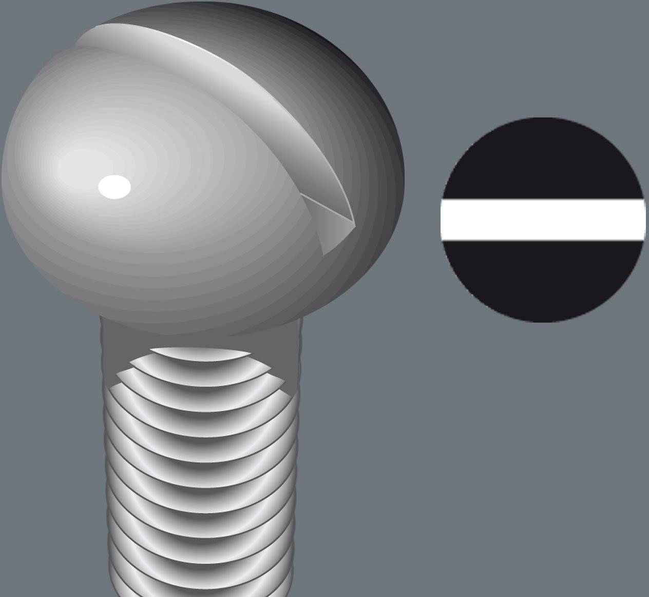 Illustration einer Schlitzschraube mit rundem Kopf vor grauem Hintergrund.