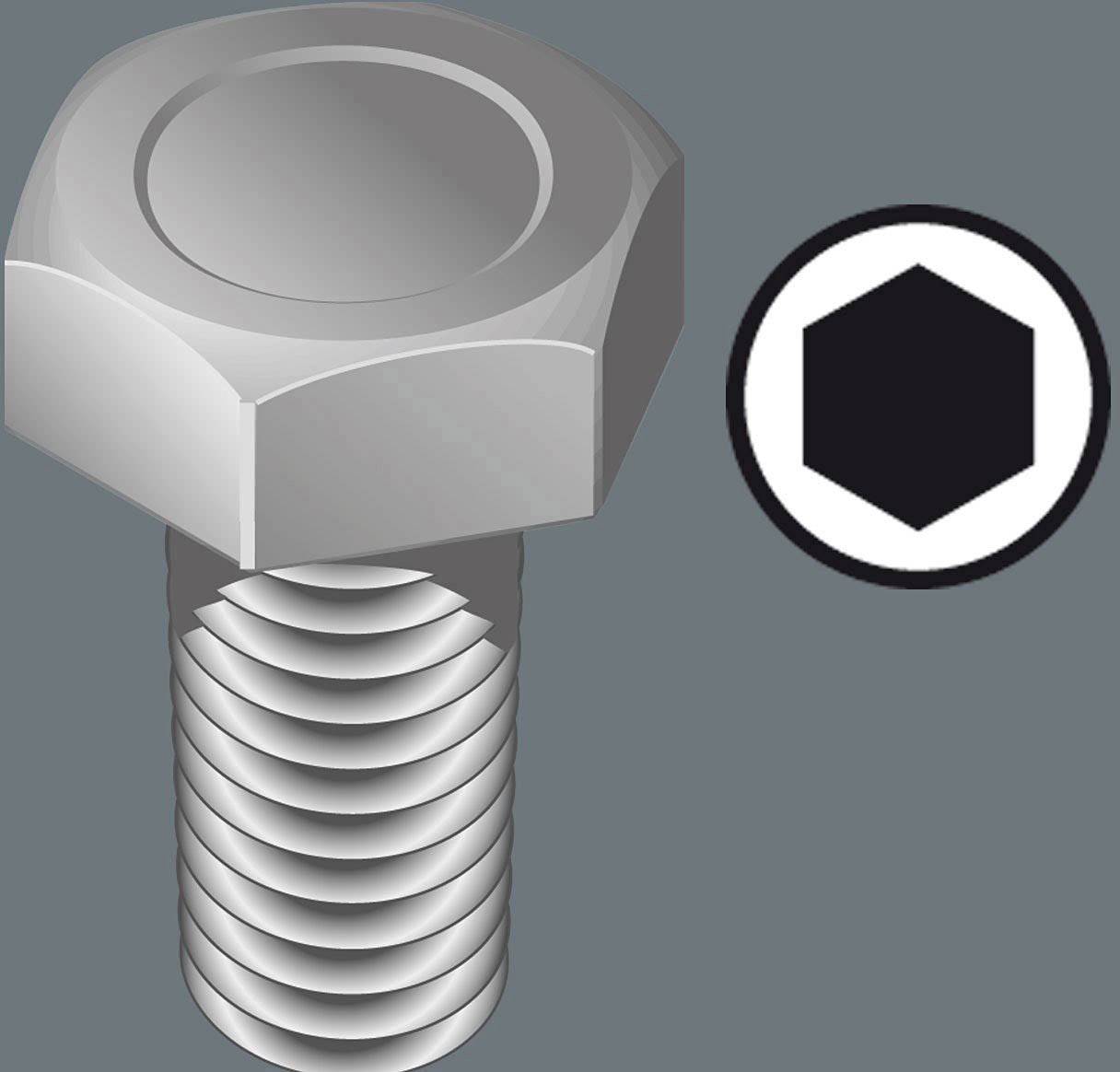 Sechskantschraube mit Gewinde und schwarzes Hexagon-Symbol daneben, das die Form des Schraubenkopfs darstellt.