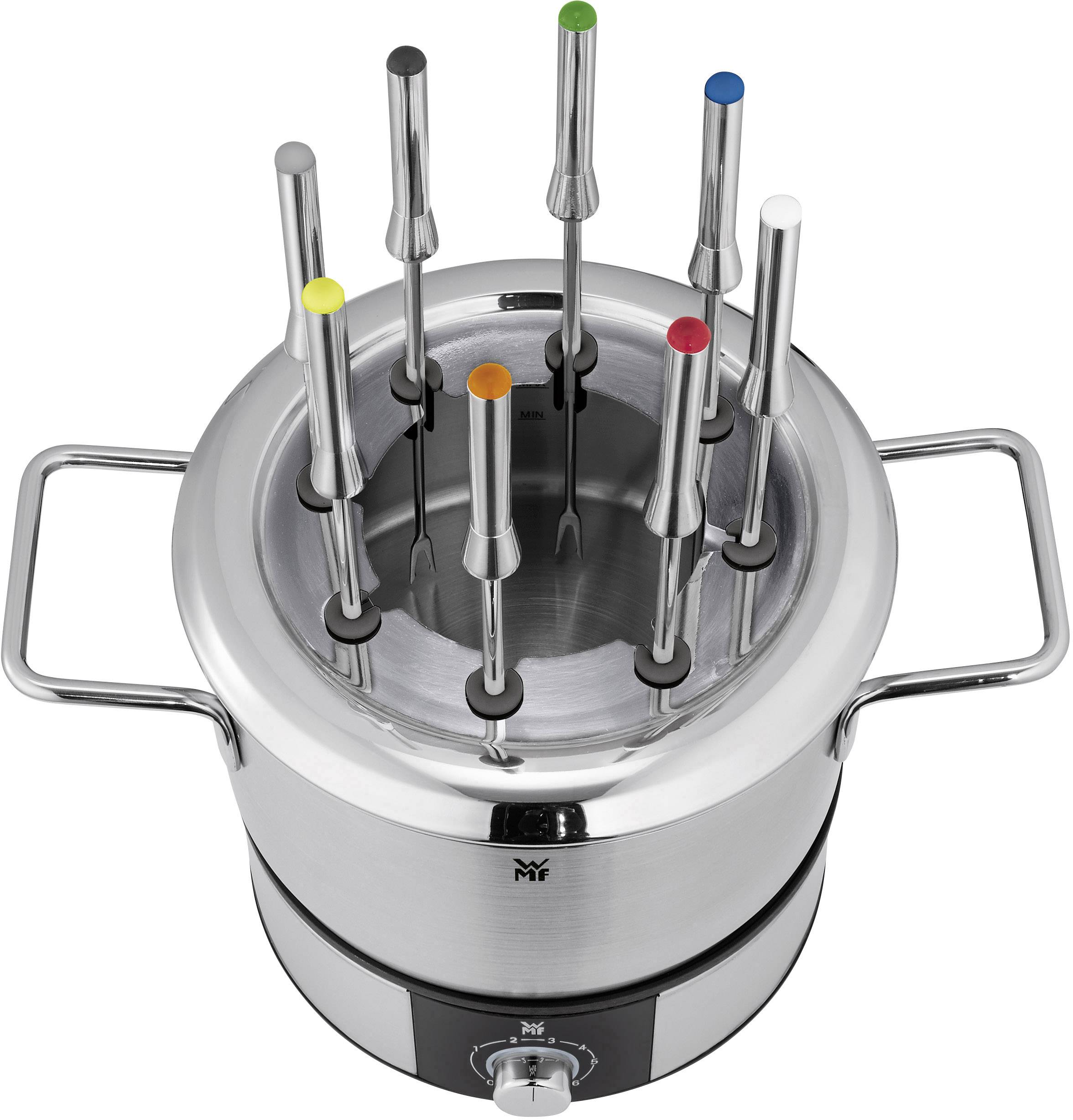 Silberner Fondue-Topf mit acht Gabeln, jede mit farbigen Markierungen, auf einem elektrischen Sockel mit Temperaturregler.