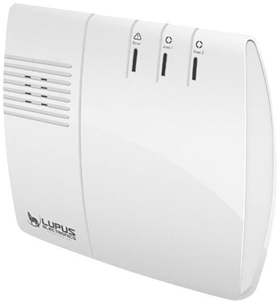Ein weißer Gasmelder mit drei Kontrollleuchten für Fehler, Zone 1 und Zone 2. Gerät zeigt Markennamen 'Lupus Electronics'.