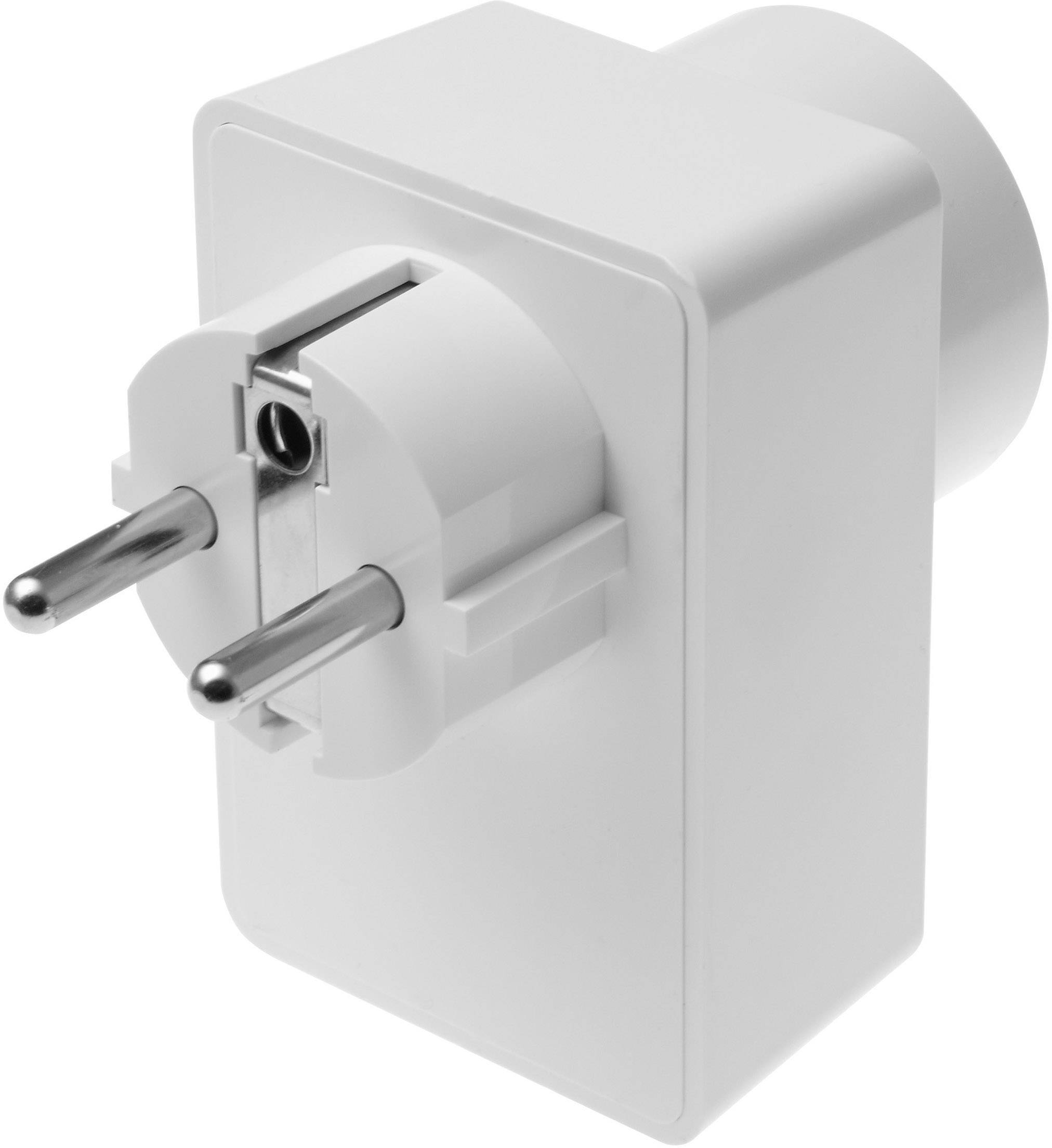 Weiße Steckdosenadapter mit zwei runden Stiften, geeignet für europäische Standardsteckdosen.