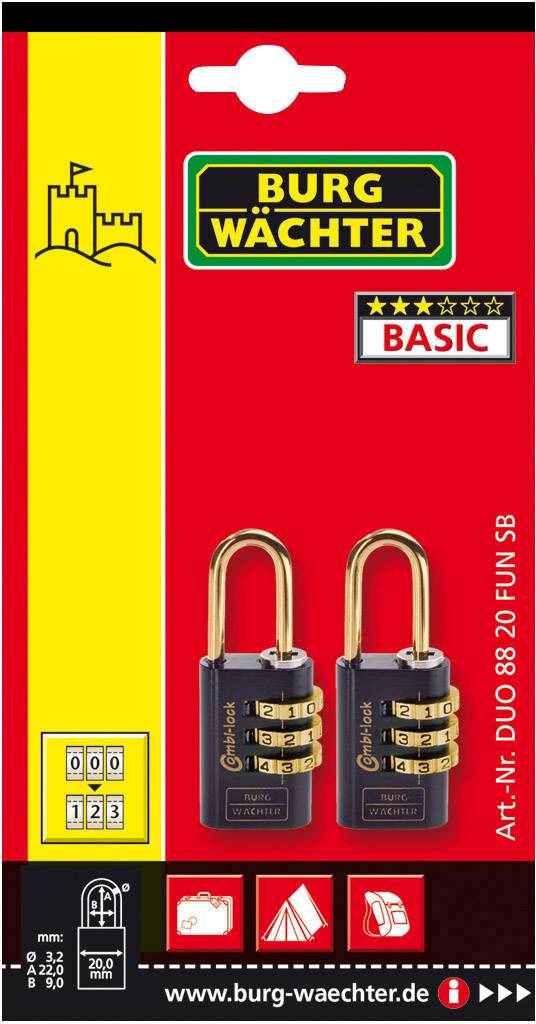 'Verpackung von Burg Wächter Kombinationsschlössern, zwei Stück, schwarz mit goldenen Zahlenrädern, geeignet für Gepäck und Taschen.'