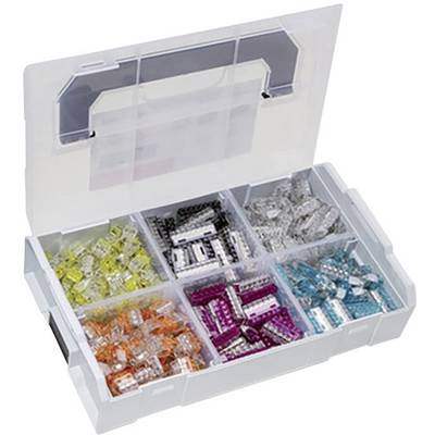 Sortierkasten mit sechs Fächern, gefüllt mit transparenten Steckverbindern in verschiedenen Farben: gelb, orange, schwarz, rosa, blau und klar.