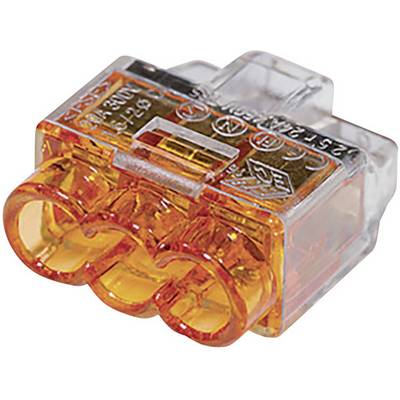 Ein transparenter, orangefarbener Steckverbinder mit drei Eingängen zur elektrischen Verbindung. Geeignet für Kabel bis 2,5 mm².