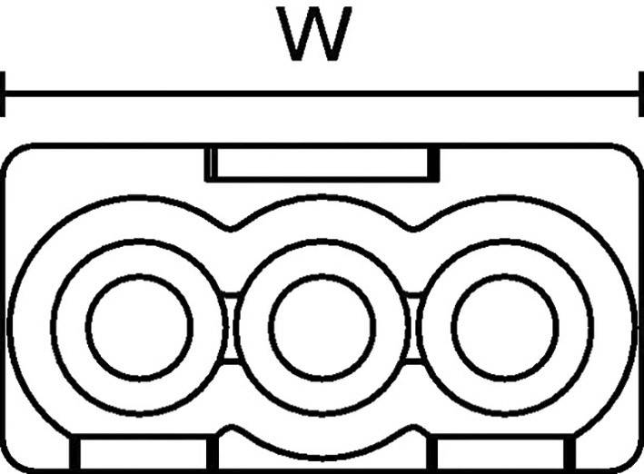 Technische Zeichnung eines rechteckigen Moduls mit drei kreisförmigen Vertiefungen nebeneinander, Breite 'W' markiert oben.