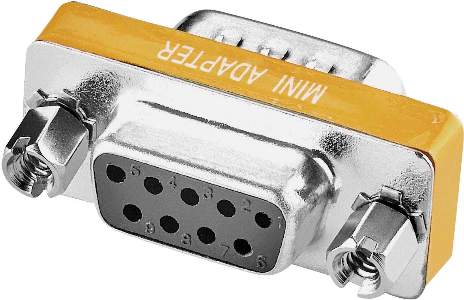 'MINI ADAPTER' in gelber Schrift auf einem silbernen Metall-Funktionsadapter mit mehreren Anschlussöffnungen.