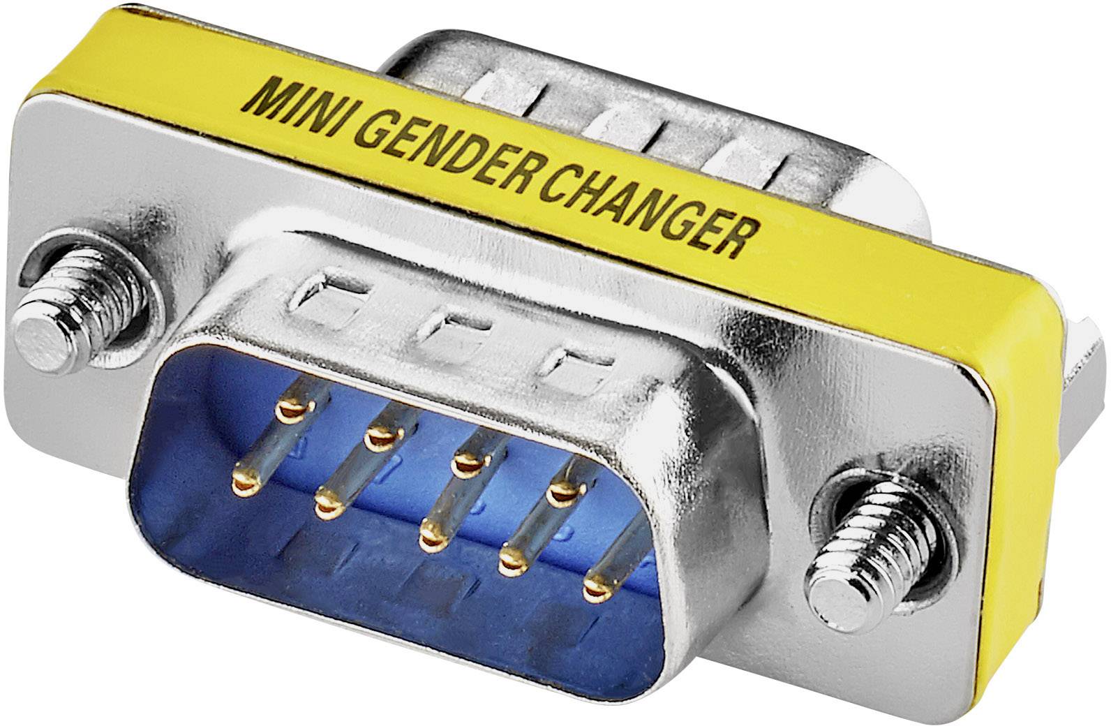 Ein 'Mini Gender Changer'-Adapter mit gelbem Etikett. Er hat metallische Schraubverbindungen und dient zum Anschluss von Steckverbindern.