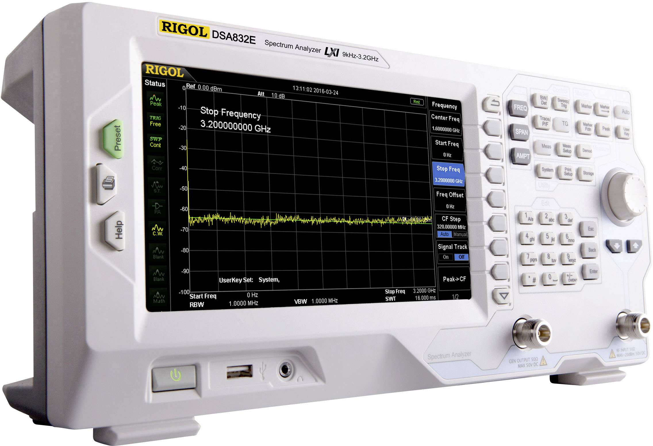 Ein Spektrumanalysator mit einem Bildschirm, der eine Frequenzkurve bei 3,2 GHz anzeigt. Verschiedene Tasten und Anschlüsse sind sichtbar.