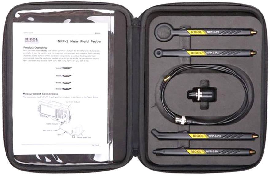 Tragbare Prüfsonden in einem Etui mit einer Anleitung links. Vier Sonden und ein Kabel samt Adapter organisiert. Marke Rigol.