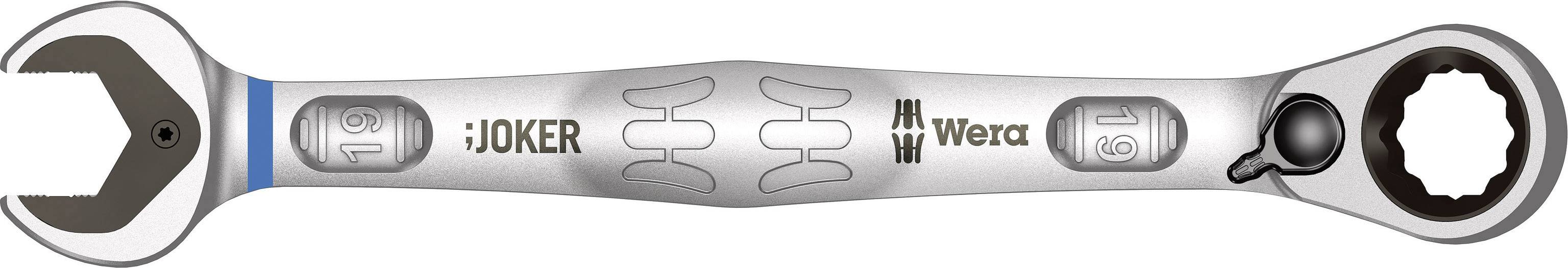 Ein silberner Schraubenschlüssel mit offenem Ende links und einem Rundprofil rechts, mit der Aufschrift 'JOKER' und 'Wera'.