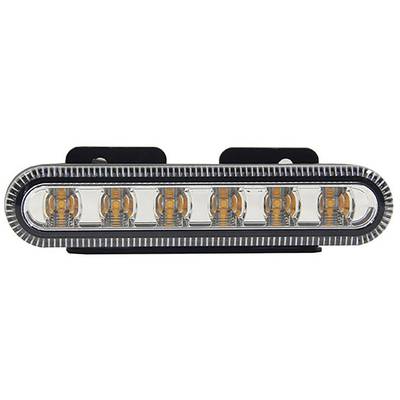 LED-Leiste mit sechs orangefarbenen Lichtern in rechteckigem Gehäuse. Geeignet für Fahrzeugbeleuchtung, klare Abdeckung.