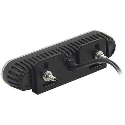 Schwarze LED-Leuchte mit Kühlrippen, Kabel und zwei Befestigungsschrauben, geeignet für die Montage an Fahrzeugen oder Maschinen.