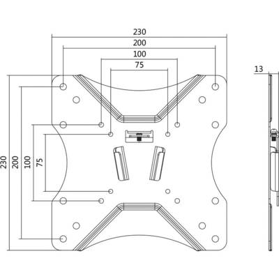 Technische Zeichnung einer VESA-Halterung mit Abmessungen: 230x230 mm mit Montagebohrungen bei 75 mm und 100 mm Abstand. Profilansicht zeigt 13 mm Dicke.