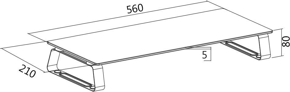 Technische Zeichnung eines Monitorständers mit den Maßen: Länge 560 mm, Breite 210 mm, Höhe 80 mm, Zwischenraum 5 mm.