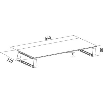Technische Zeichnung eines Monitorständers mit den Maßen: Länge 560 mm, Breite 210 mm, Höhe 80 mm, Zwischenraum 5 mm.