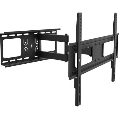Verstellbare schwarze TV-Wandhalterung mit Schwenkarm, geeignet für flache Bildschirme, zeigt verschiedene Bewegungsoptionen.