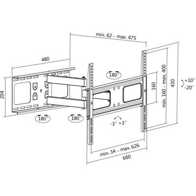 Schwenkbare TV-Wandhalterung-Diagramm mit Maßen: Breite 660 mm, Höhe 430 mm. Drehung +/-180°, Neigung +10° bis -20°.