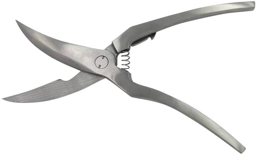 Garten-Knochenschere aus Metall mit gebogenen, gezahnten Klingen und Federmechanismus zum Schneiden von harten Stängeln und Ästen.