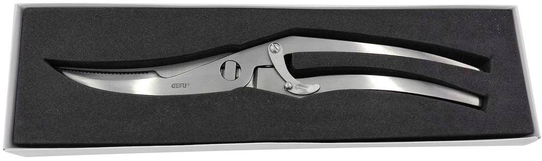 Edelstahl-Küchenschere in einer schwarzen Box, ideal zum Schneiden von Geflügel. Mit ergonomischem Griff und robustem Design.