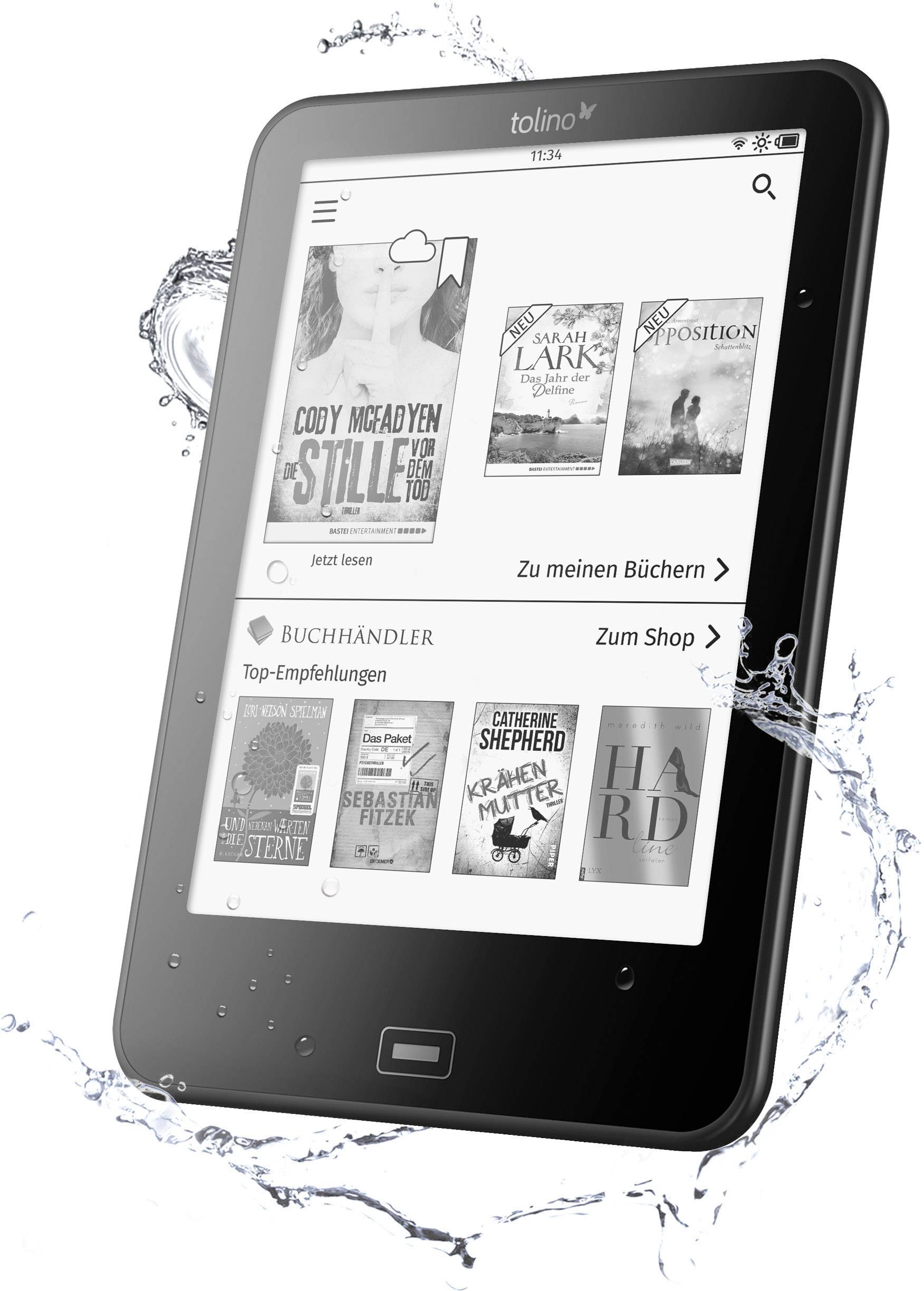 Ein E-Reader mit drei angezeigten Buchcovern auf dem Bildschirm. Wasser spritzt um das Gerät, was dessen Wasserdichtigkeit andeutet.