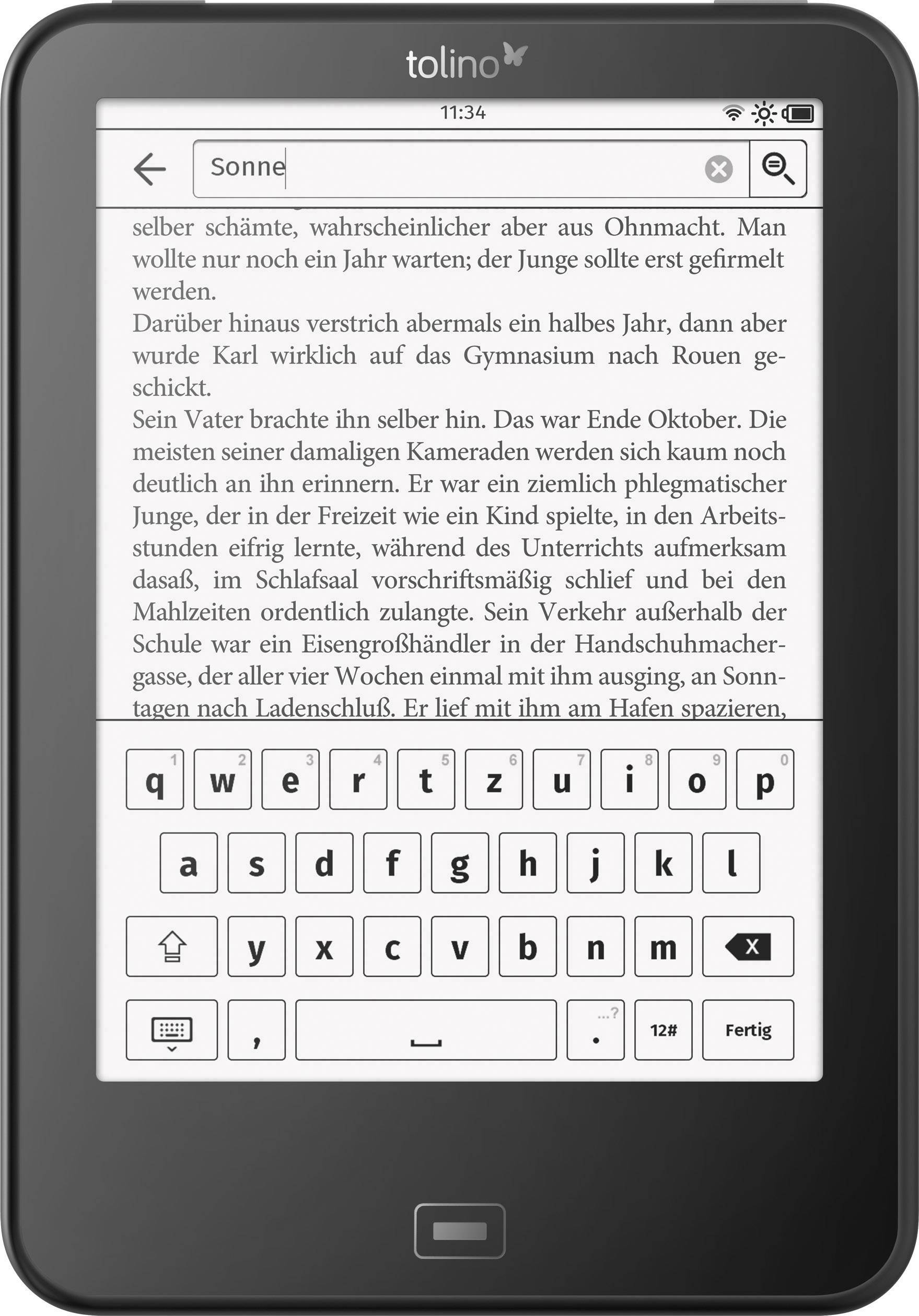 E-Reader zeigt eine Buchseite mit virtuellem Keyboard. Textsuche nach 'Sonne' im Gange.