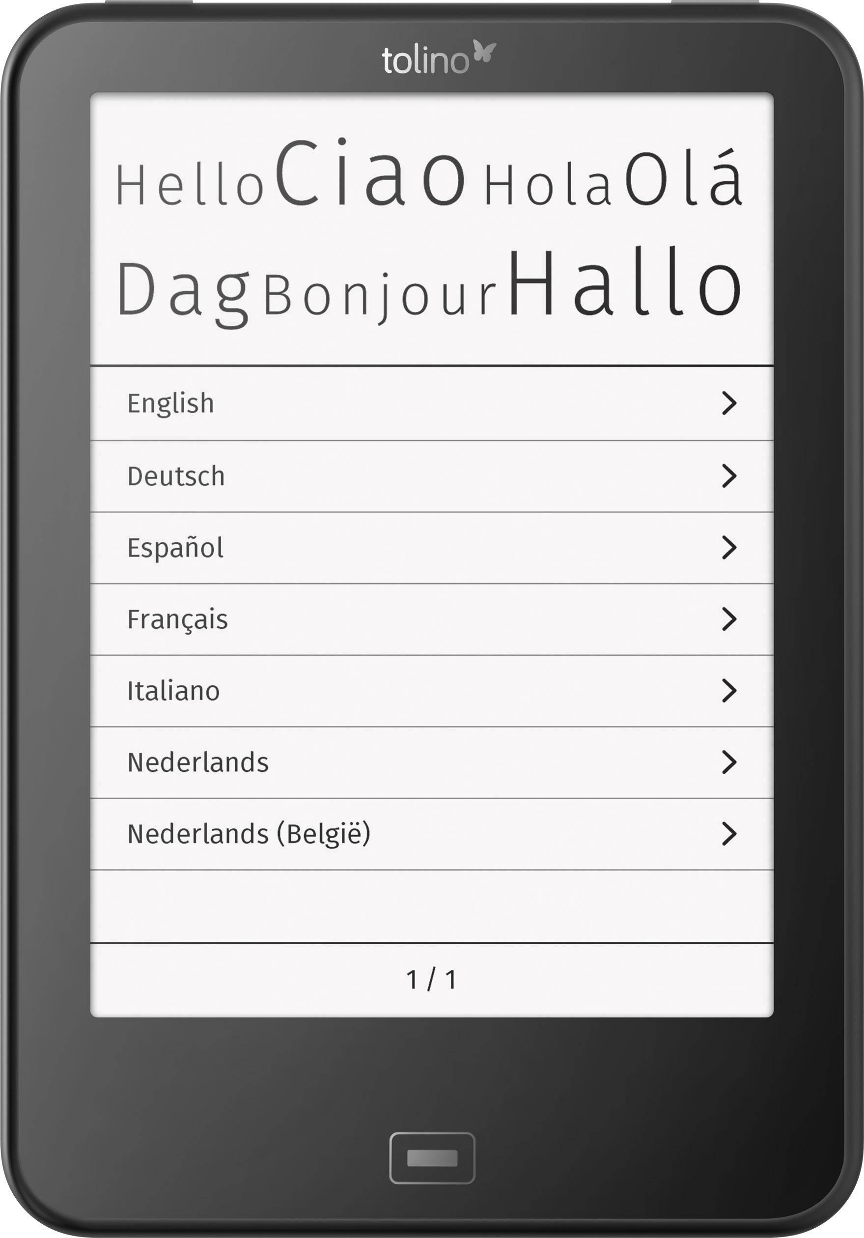 Ein E-Reader-Bildschirm zeigt das Wort 'Hallo' in verschiedenen Sprachen. Darunter eine Liste mit mehreren Sprachoptionen.
