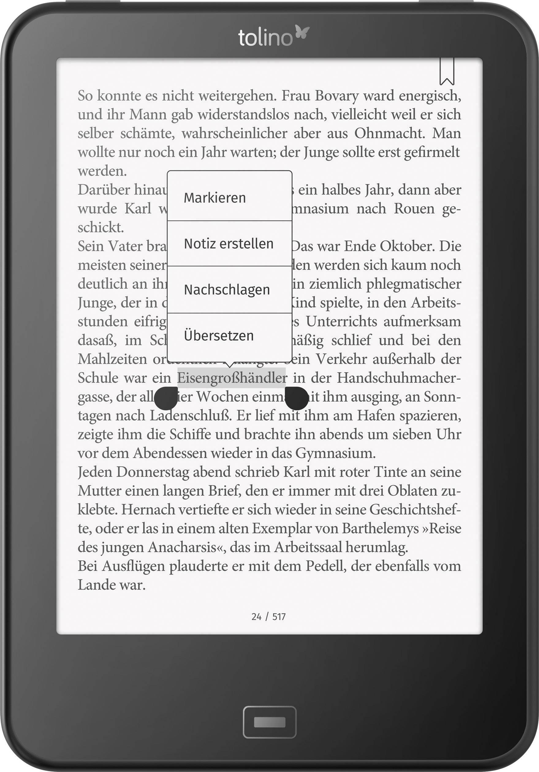 E-Book-Reader mit geöffneter Seite eines Buches. Ein Pop-up-Menü zeigt Optionen wie 'Markieren', 'Notiz erstellen', 'Übersetzen'.