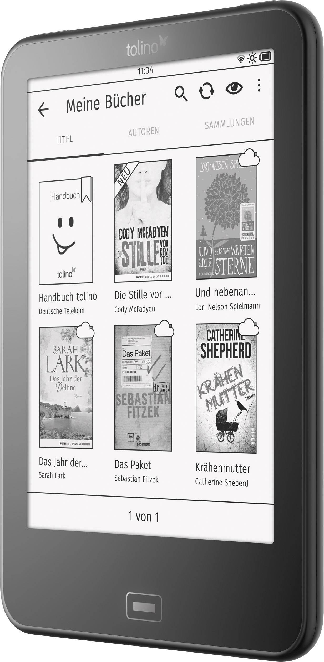 E-Reader mit geöffneter Bibliothek, Bücher wie 'Das Jahr der Delfine' und 'Die Stille vor dem Tod' sind sichtbar.