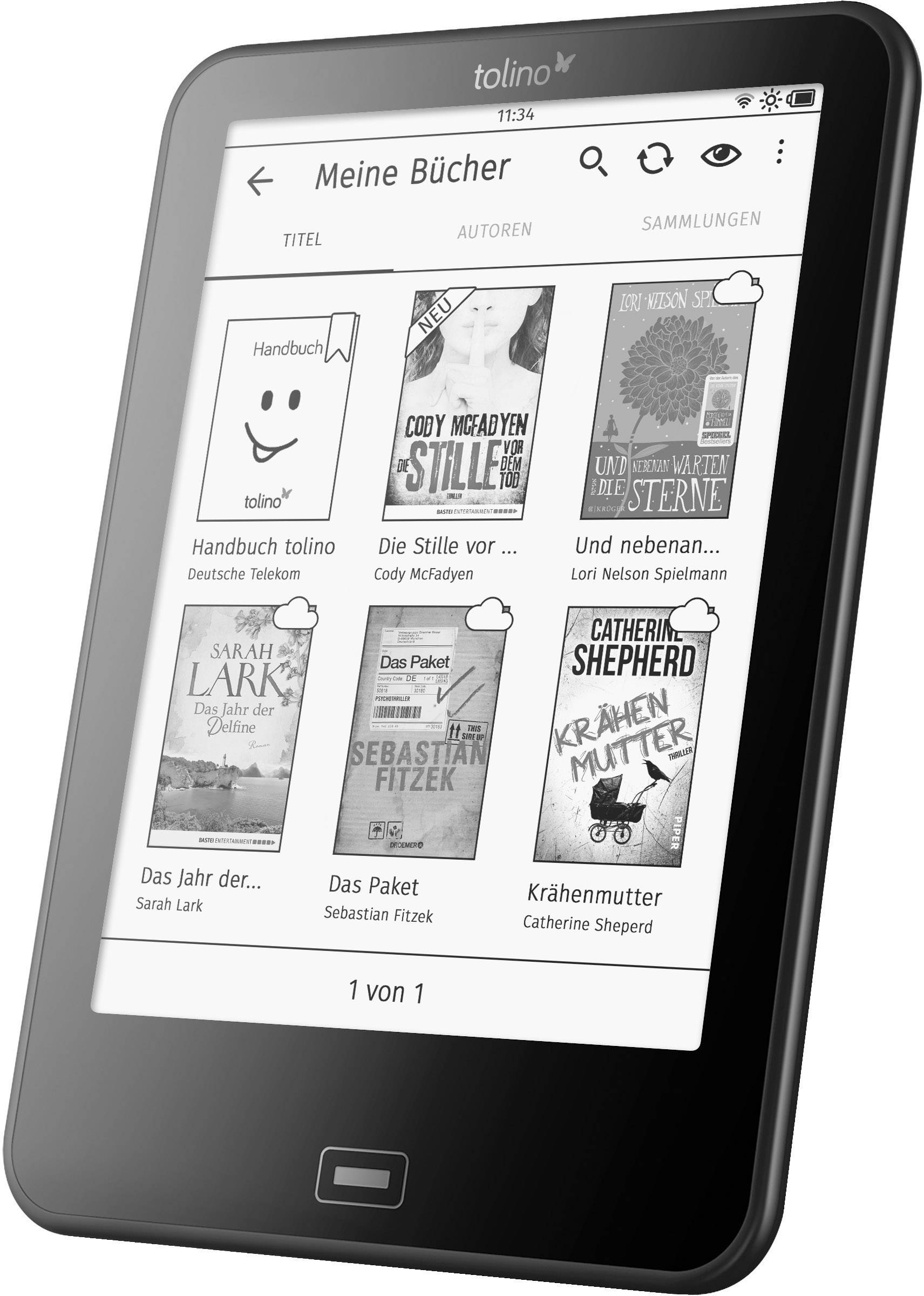 E-Reader mit Büchersammlung auf dem Bildschirm, darunter 'Handbuch', 'Die Stille vor dem Tod' und weitere Titel.
