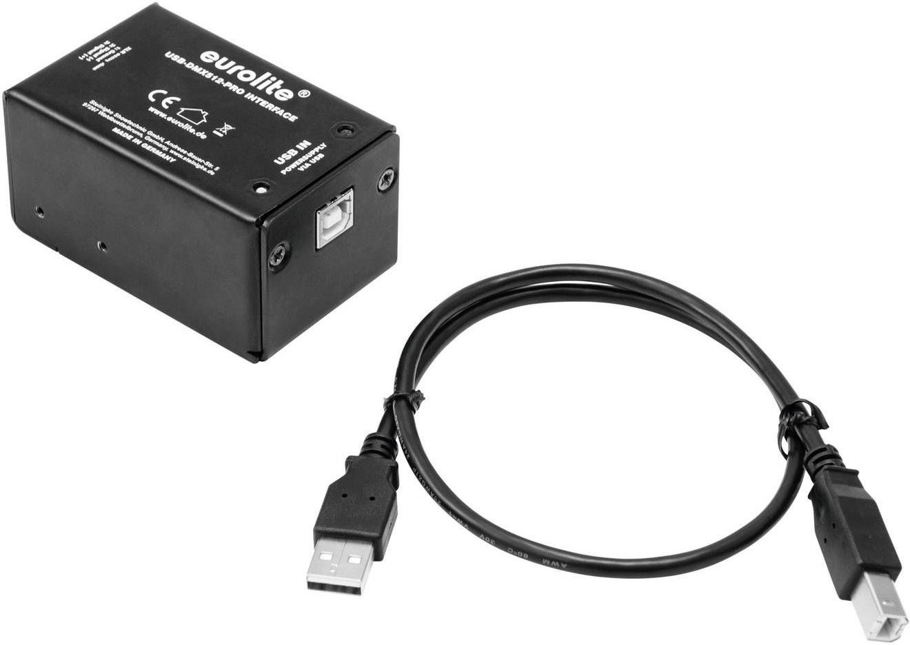Schwarzes Eurolite USB-DMX-Interface mit zwei Anschlüssen und beiliegendem USB-Kabel. Verwendet für Lichtsteuerungsschnittstellen.