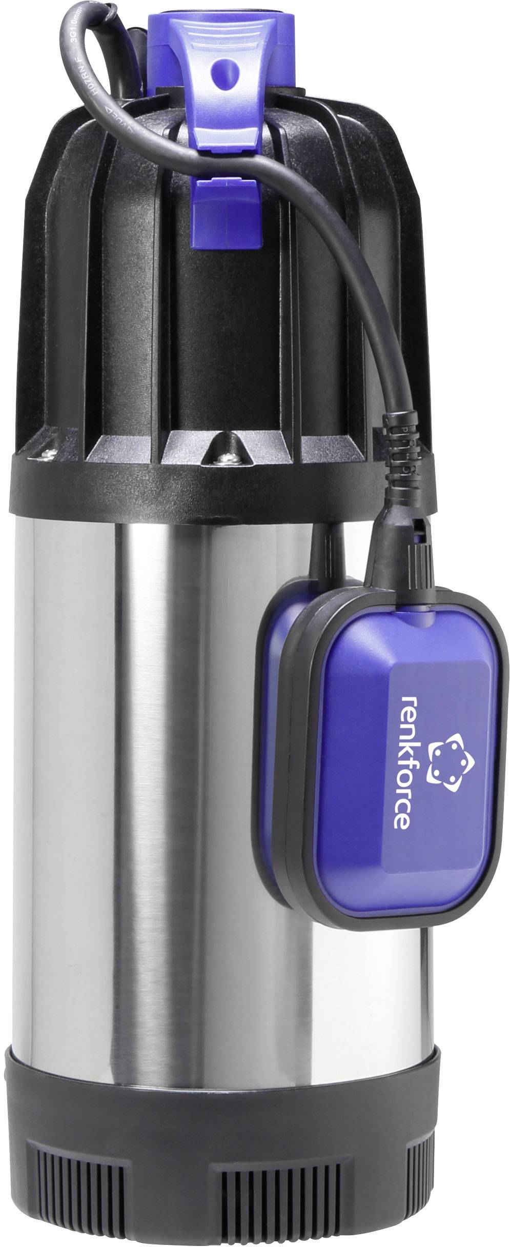 Eine silberne Tauchpumpe mit schwarzem und blauem Gehäuse, Kabel und einem angeschlossenen blauen Schwimmerschalter von renKforce.