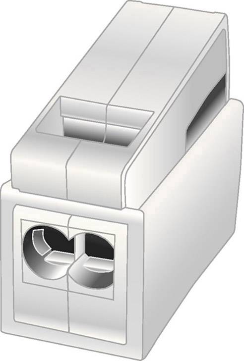 Ein weißer elektrischer Steckverbinder mit zwei Anschlussöffnungen, perspektivisch schräg von der Seite gezeigt.