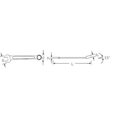 Technische Zeichnung eines Schraubenschlüssels mit Abmessungen: Länge 13,5 cm, Breite 2 cm. Zeigt Seiten- und Vorderansicht.
