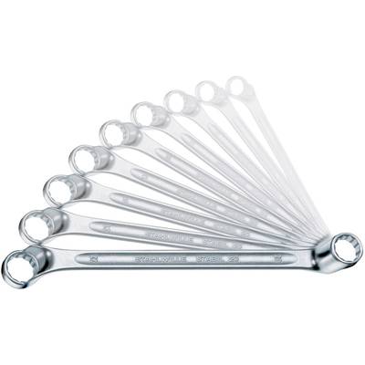 'Satz von acht offenen Ringschlüsseln in verschiedenen Größen, fächerförmig angeordnet, aus glänzendem Metall.'
