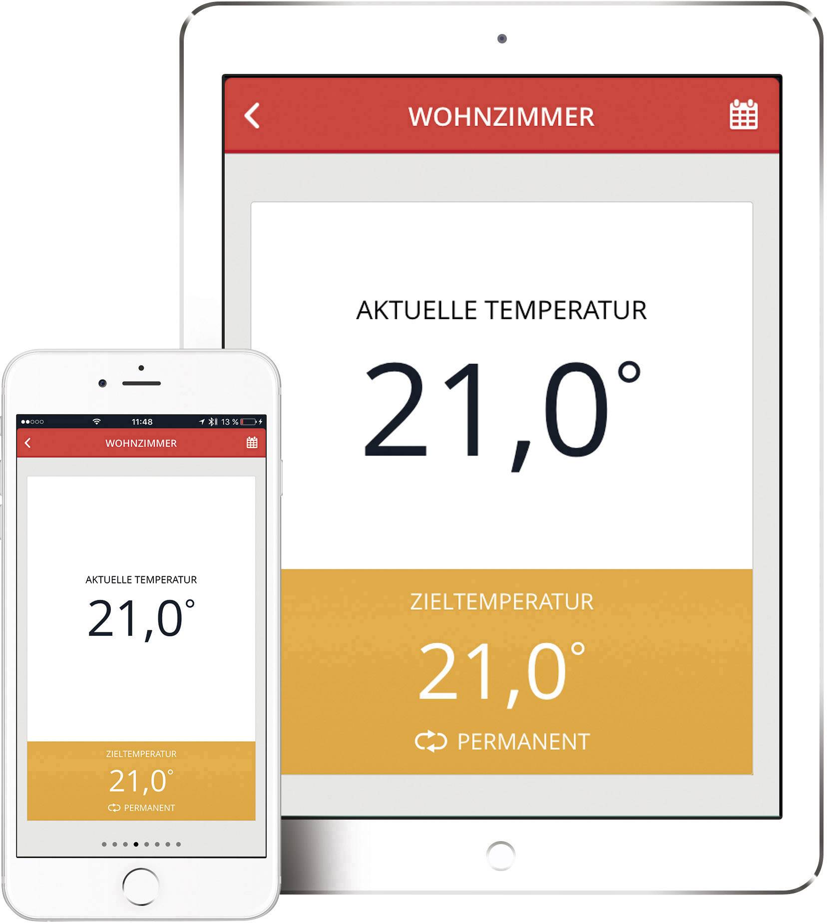 Smartphone und Tablet in der Draufsicht. Beide zeigen dieselbe App-Benutzeroberfläche. Abgebildet sind die aktuelle Temperatur von 21 °C, die Zieltemperatur von 21 °C und die Angabe "permanent"..