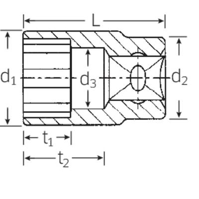 Technische Zeichnung eines zylindrischen Teils mit Maßen. Durchmesser d1, d2, Länge L, und Wandstärken t1, t2, zeigen Details.