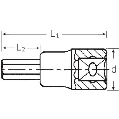 Technische Zeichnung eines Werkzeugs mit zwei Längenmessungen 'L1' und 'L2' sowie einem Durchmesser 'd' eines zylindrischen Teils.
